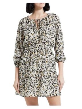 Theory Graphic Silk Blouson Mini Floral Dress M Drawstring Neck Bishop Sleeve